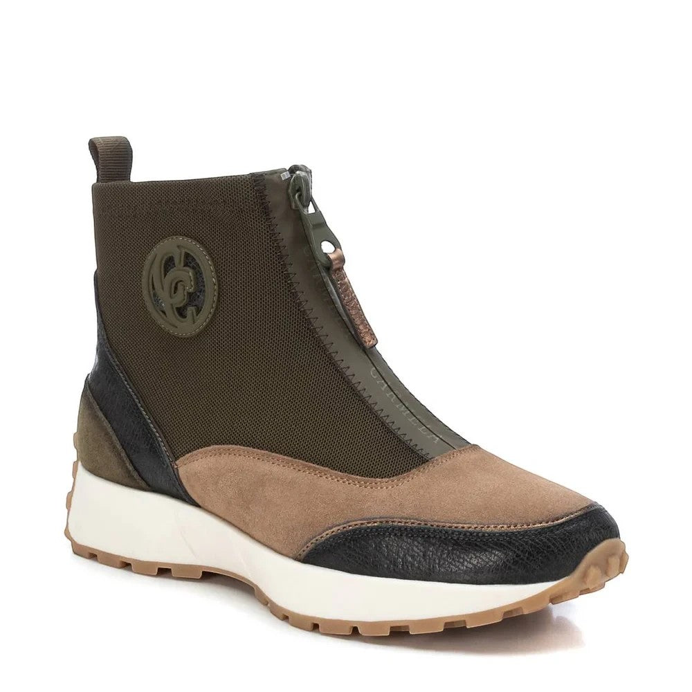 ShoeShop Carmela 161204 olive green and brown suede ankle boots with front zipper and chunky white lug sole