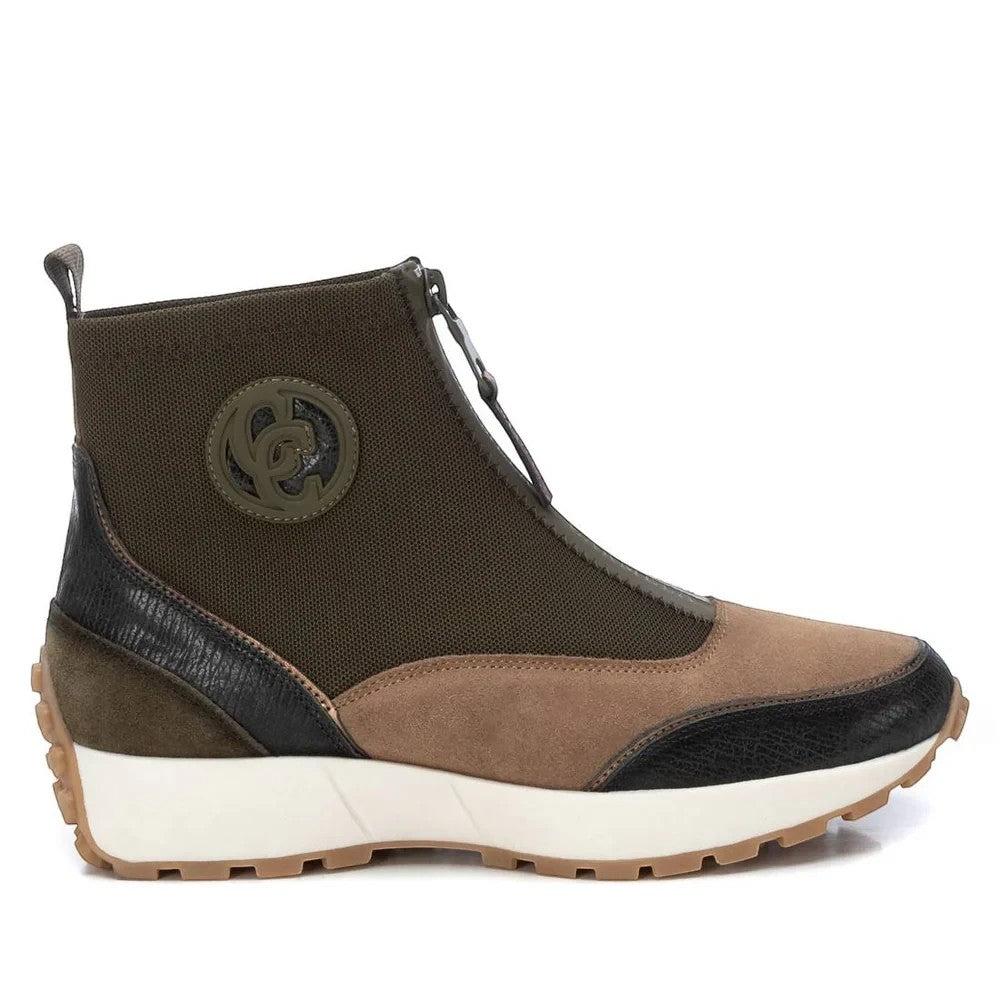 ShoeShop Carmela 161204 olive green and brown suede ankle sneaker with front zip and chunky white lug sole