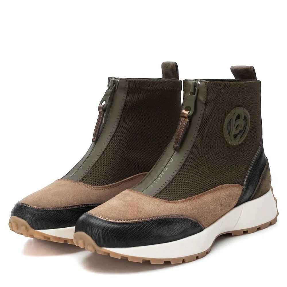 ShoeShop Carmela 161204 olive green high-top sneakers with front zipper, suede accents, and chunky white rubber sole.
