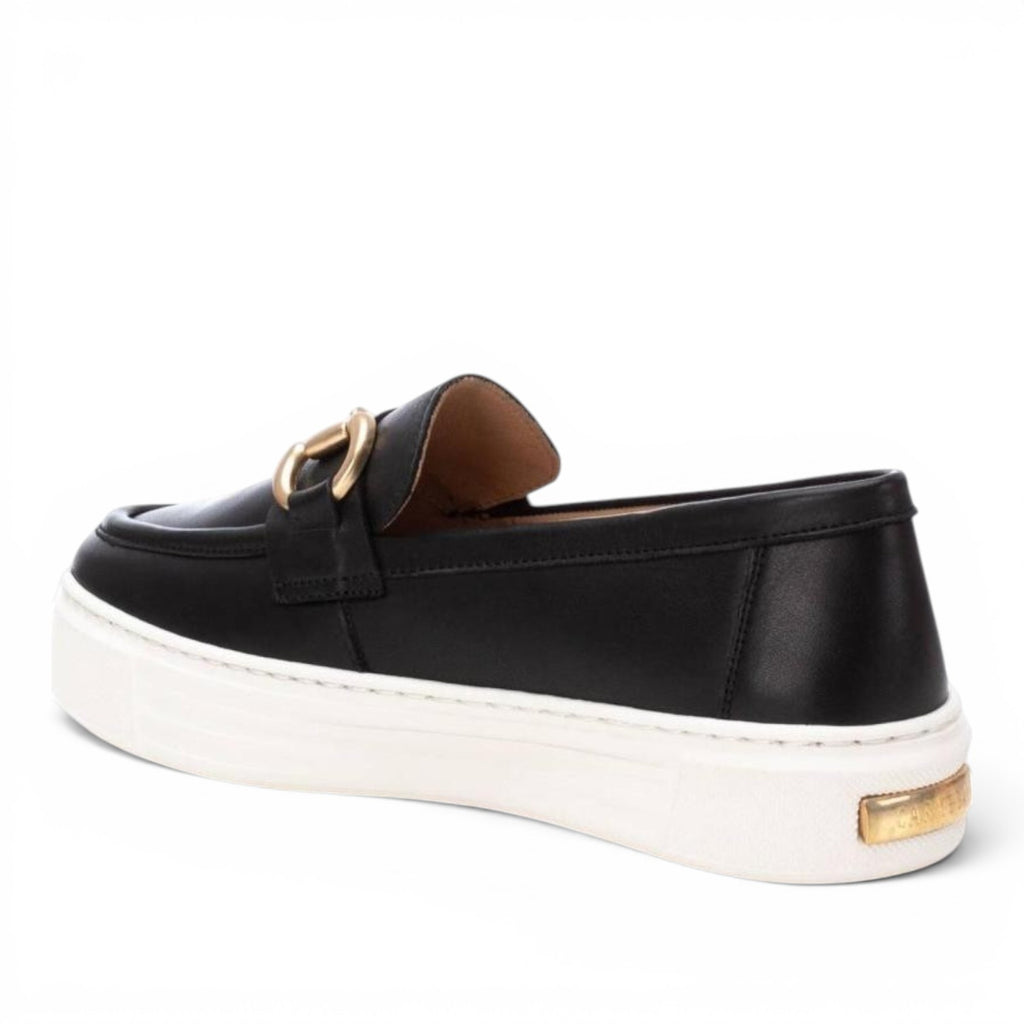 ShoeShop Carmela 161319 black leather loafers with a gold-tone metal bit detail and a thick white platform sole.