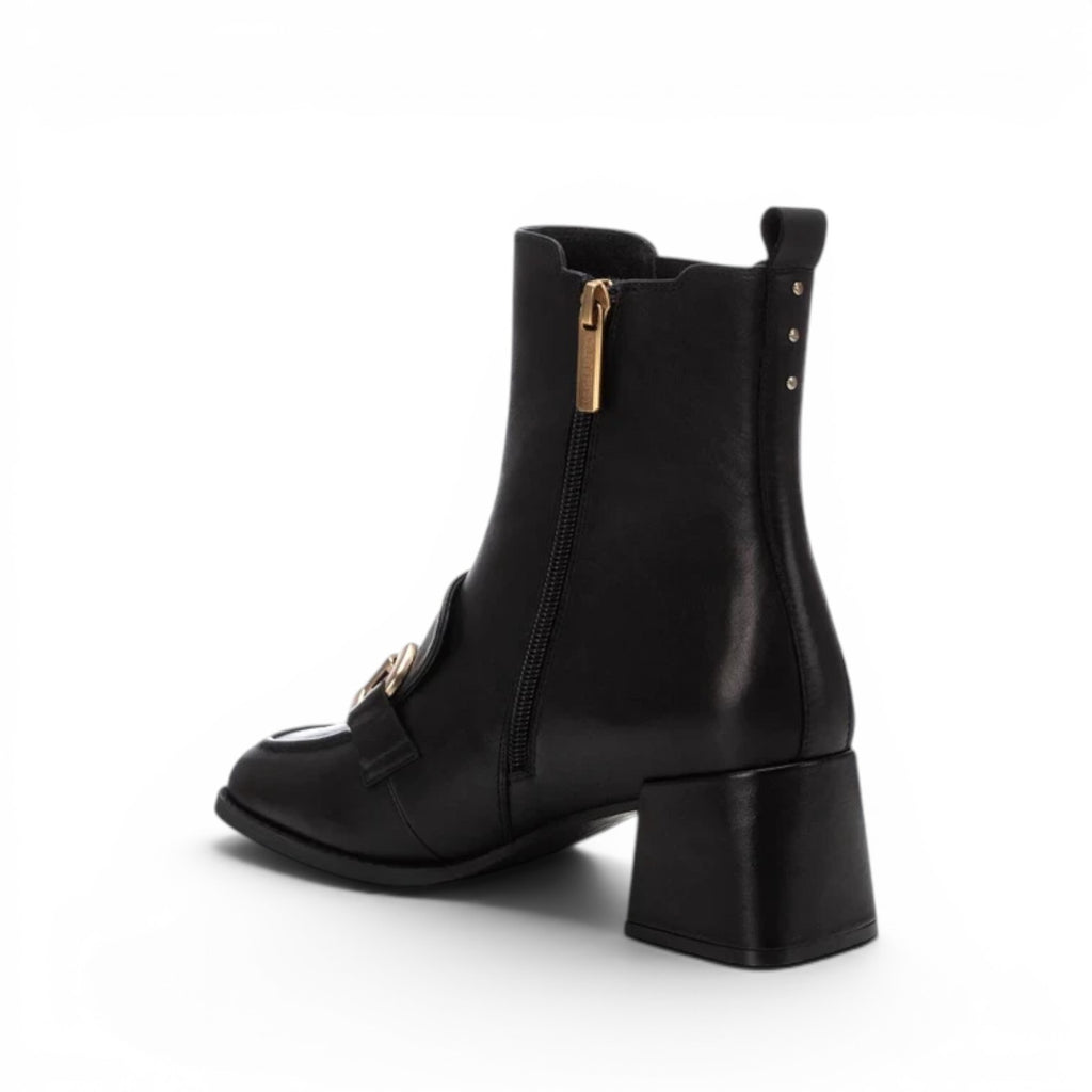 ShoeShop Carmela 161940 black leather ankle boots with a block heel, side zipper, and decorative gold-tone hardware.