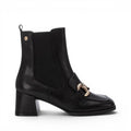 ShoeShop Carmela 161940 black leather ankle boots with a block heel, square toe, and gold-tone metal hardware detail.
