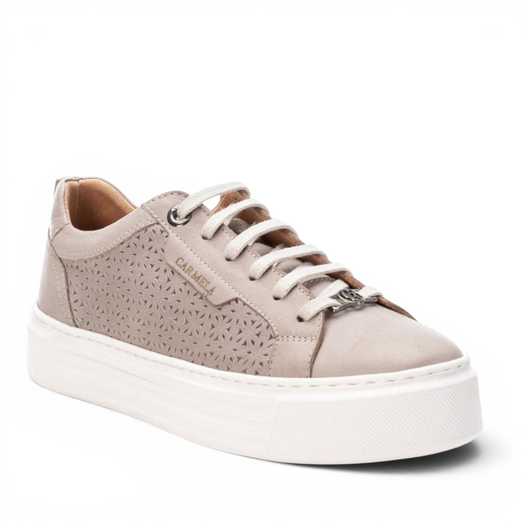 ShoeShop Carmela 160558 beige leather sneakers with laser-cut floral pattern and thick white platform sole.
