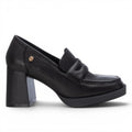 ShoeShop Carmela 161218 black leather heeled loafers with a chunky block heel and gold logo detail