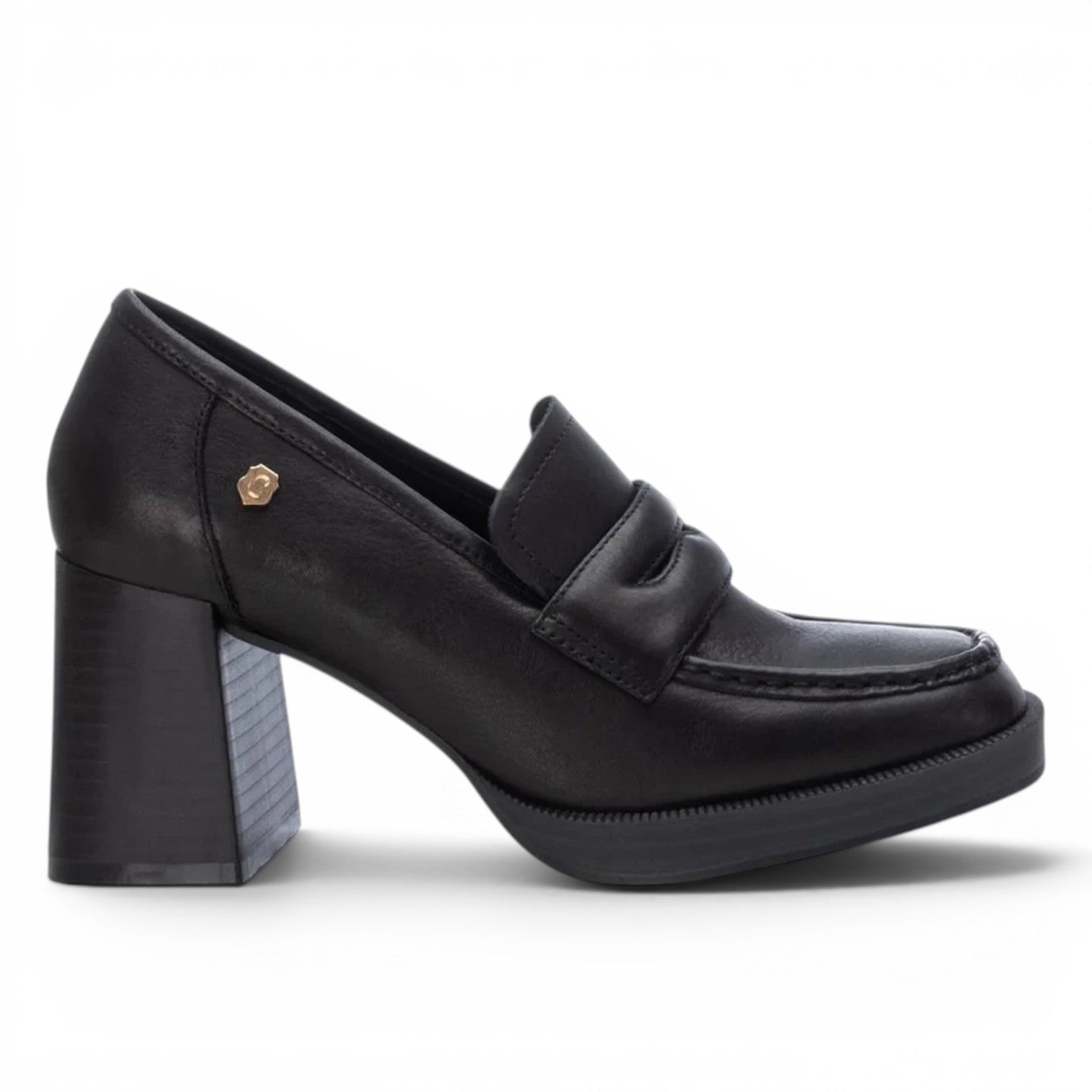 ShoeShop Carmela 161218 black leather heeled loafers with a chunky block heel and gold logo detail