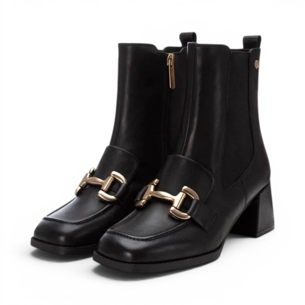 ShoeShop Carmela 161940 black leather ankle boots with gold horsebit detail, side zipper, and block heel.