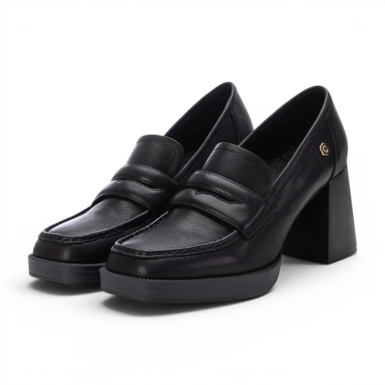 ShoeShop Carmela 161218 black leather heeled loafers with a chunky block heel and gold logo detail.