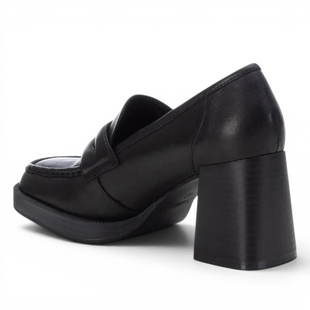 ShoeShop Carmela 161218 black leather loafers with a chunky block heel and platform sole.
