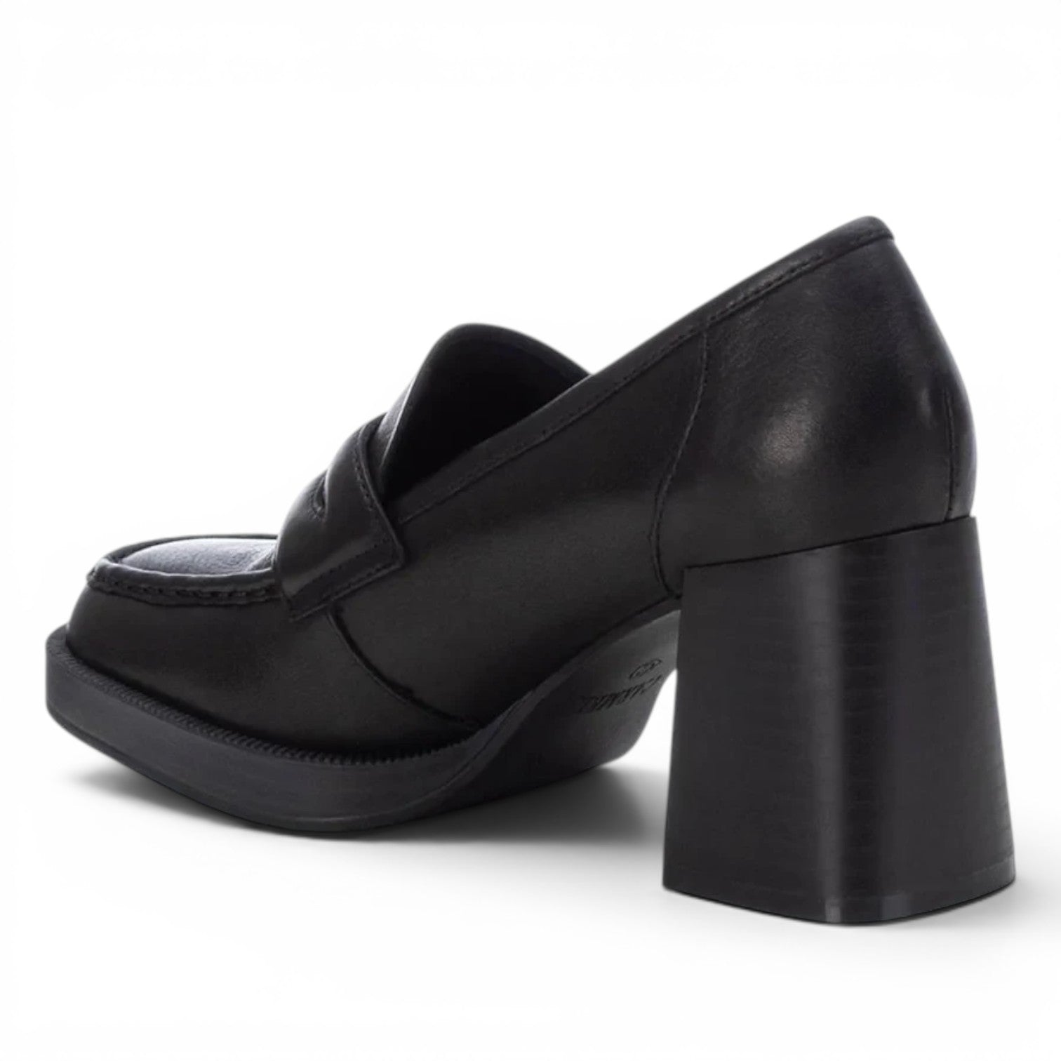 ShoeShop Carmela 161218 black leather loafers with a chunky block heel and platform sole.