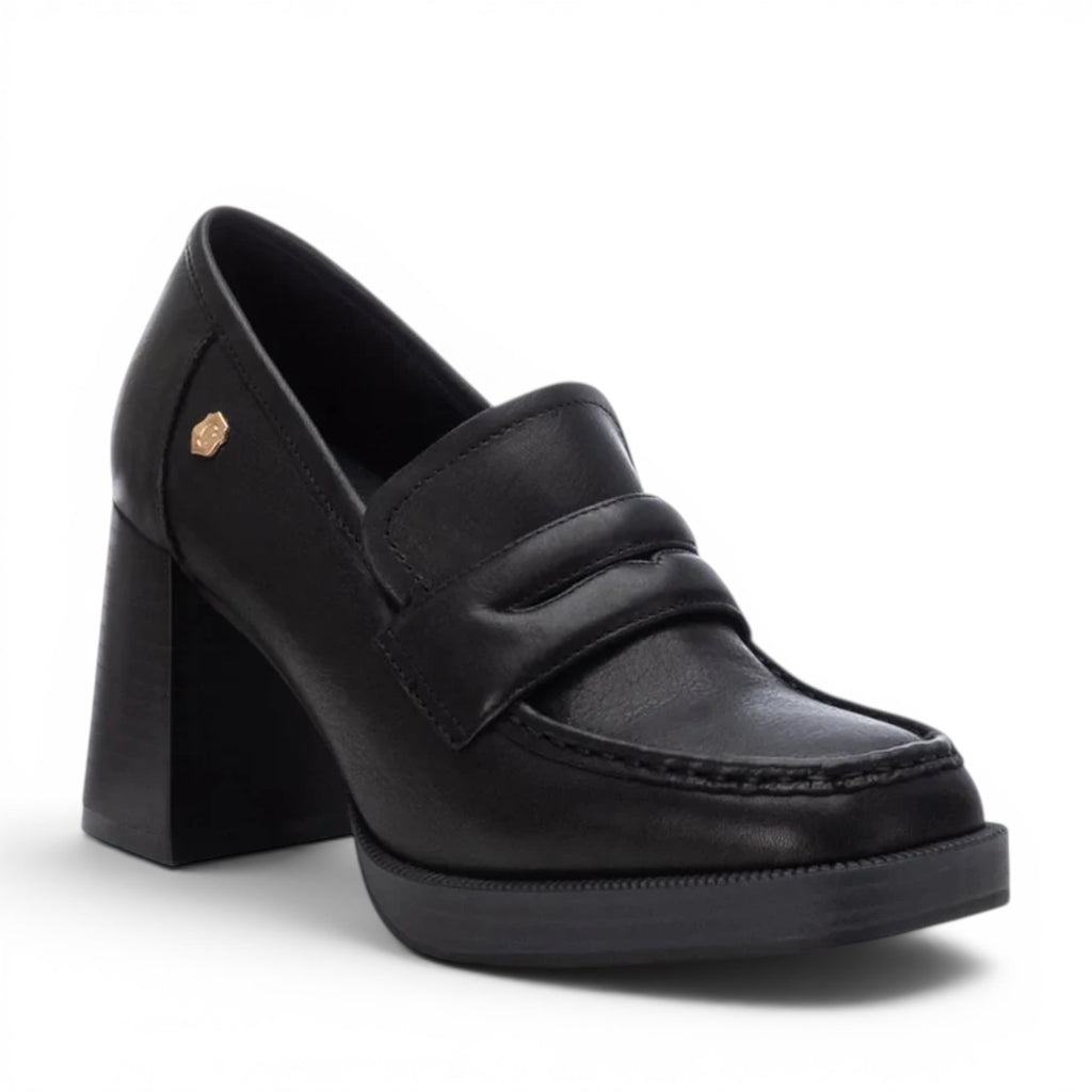 ShoeShop Carmela 161218 black leather platform loafers with a chunky block heel and gold logo detail.
