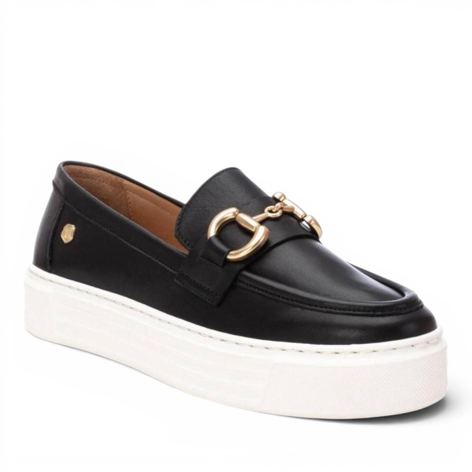 ShoeShop Carmela 161319 black leather loafers with gold horsebit detail and a thick white platform sole.