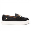 ShoeShop Carmela 161319 black leather platform loafers with gold-tone metal horsebit detail and white rubber sole.