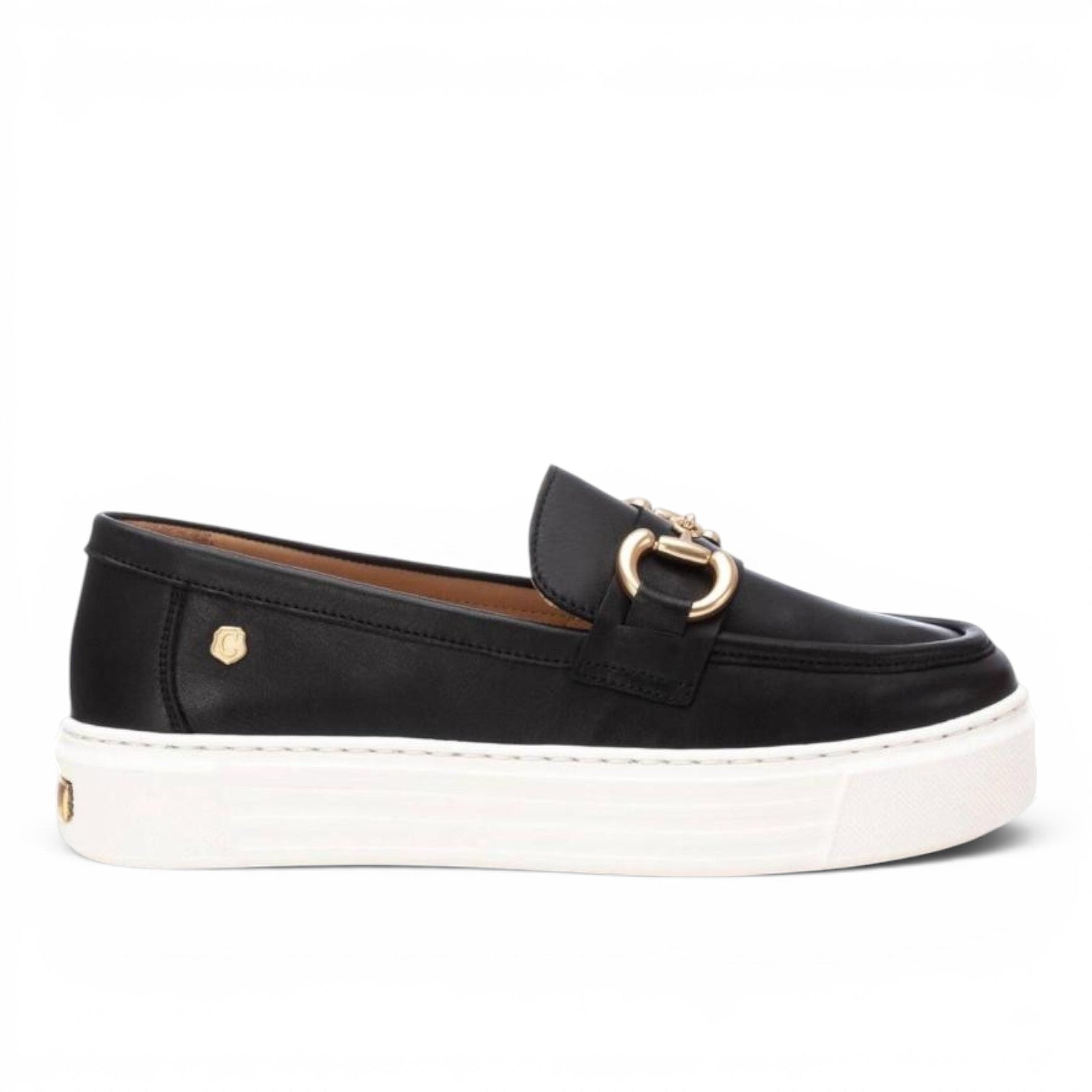 ShoeShop Carmela 161319 black leather platform loafers with gold-tone metal horsebit detail and white rubber sole.