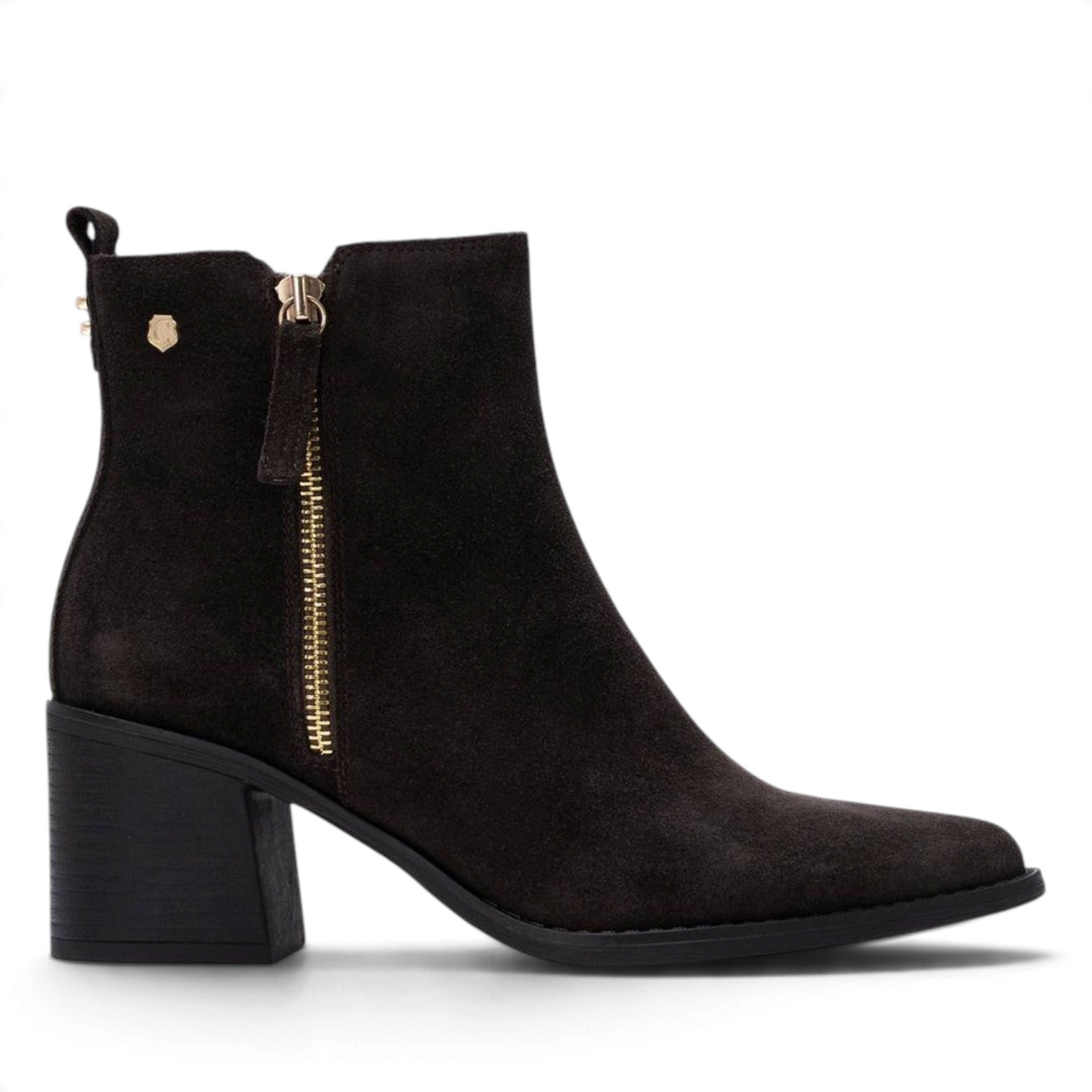 ShoeShop Carmela black suede ankle boots with side zipper, block heel, and pull tab on a white background