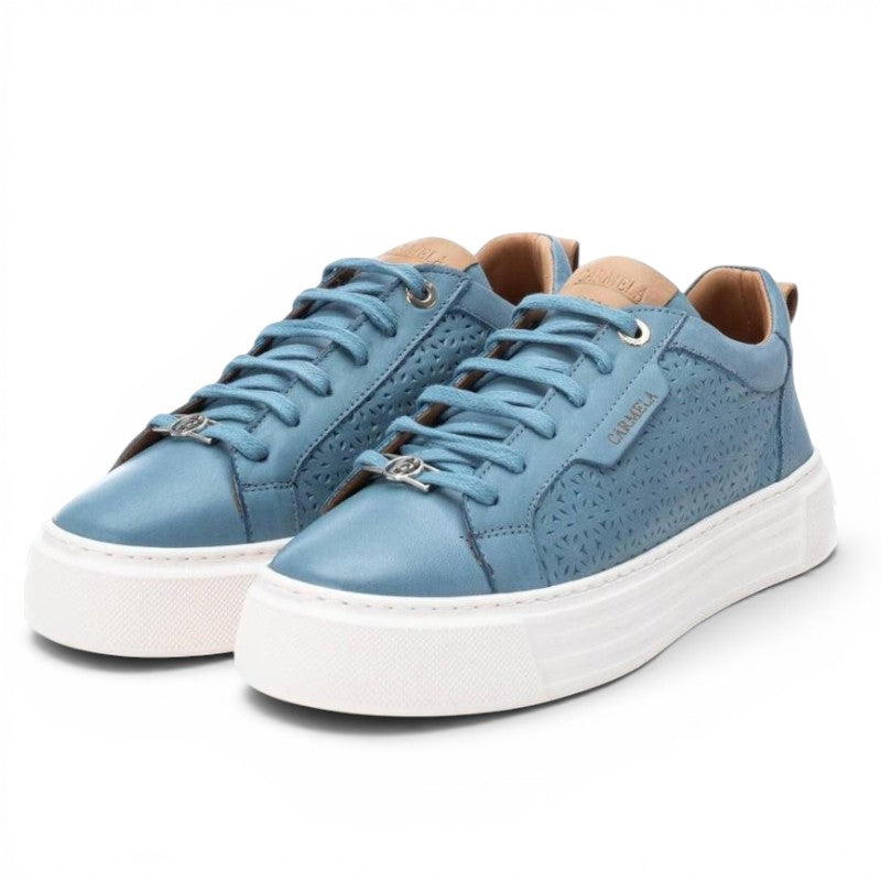 ShoeShop Carmela 160558 blue leather sneakers with laser-cut floral pattern and thick white platform sole