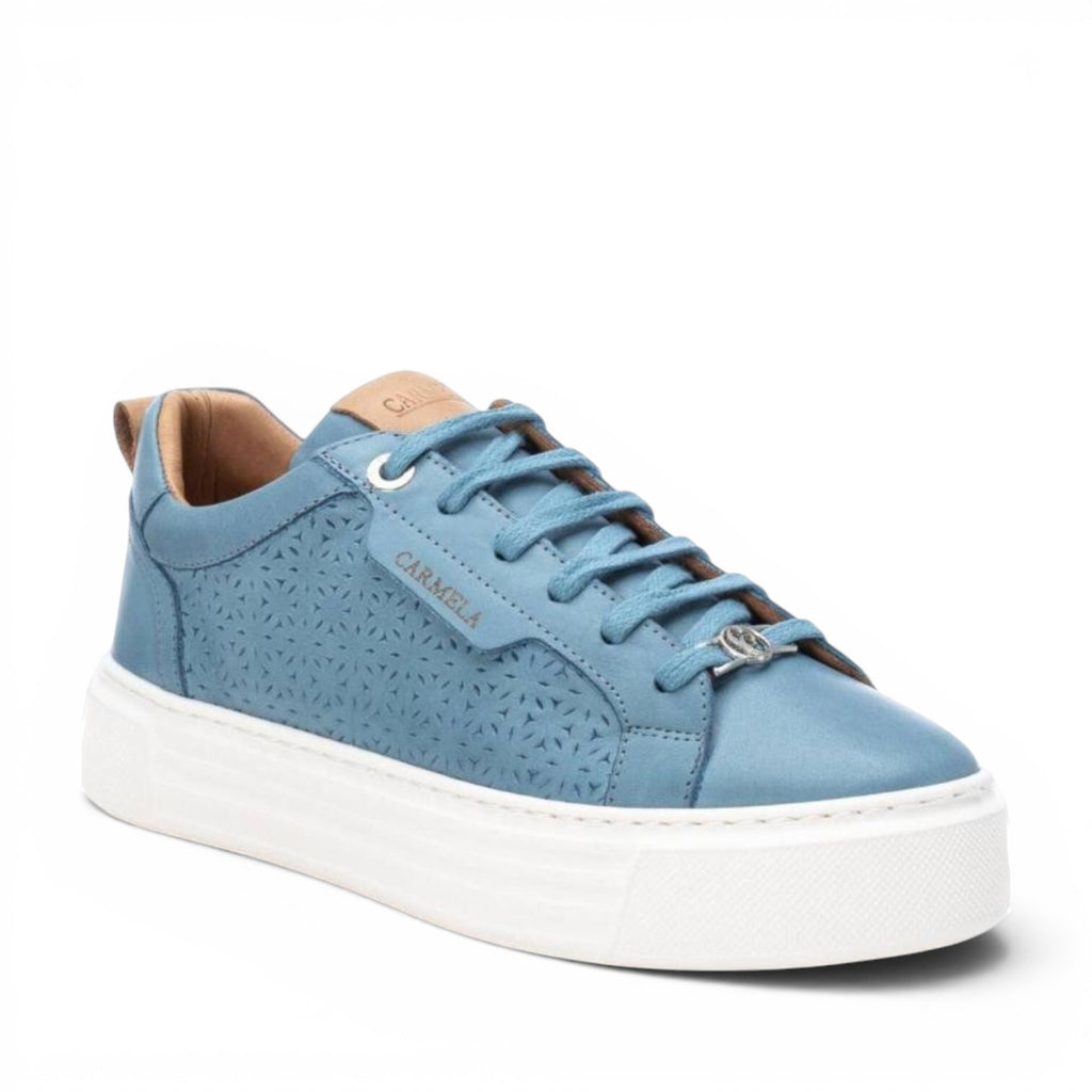 ShoeShop Carmela 160558 blue leather sneakers with laser-cut floral pattern and thick white platform sole.