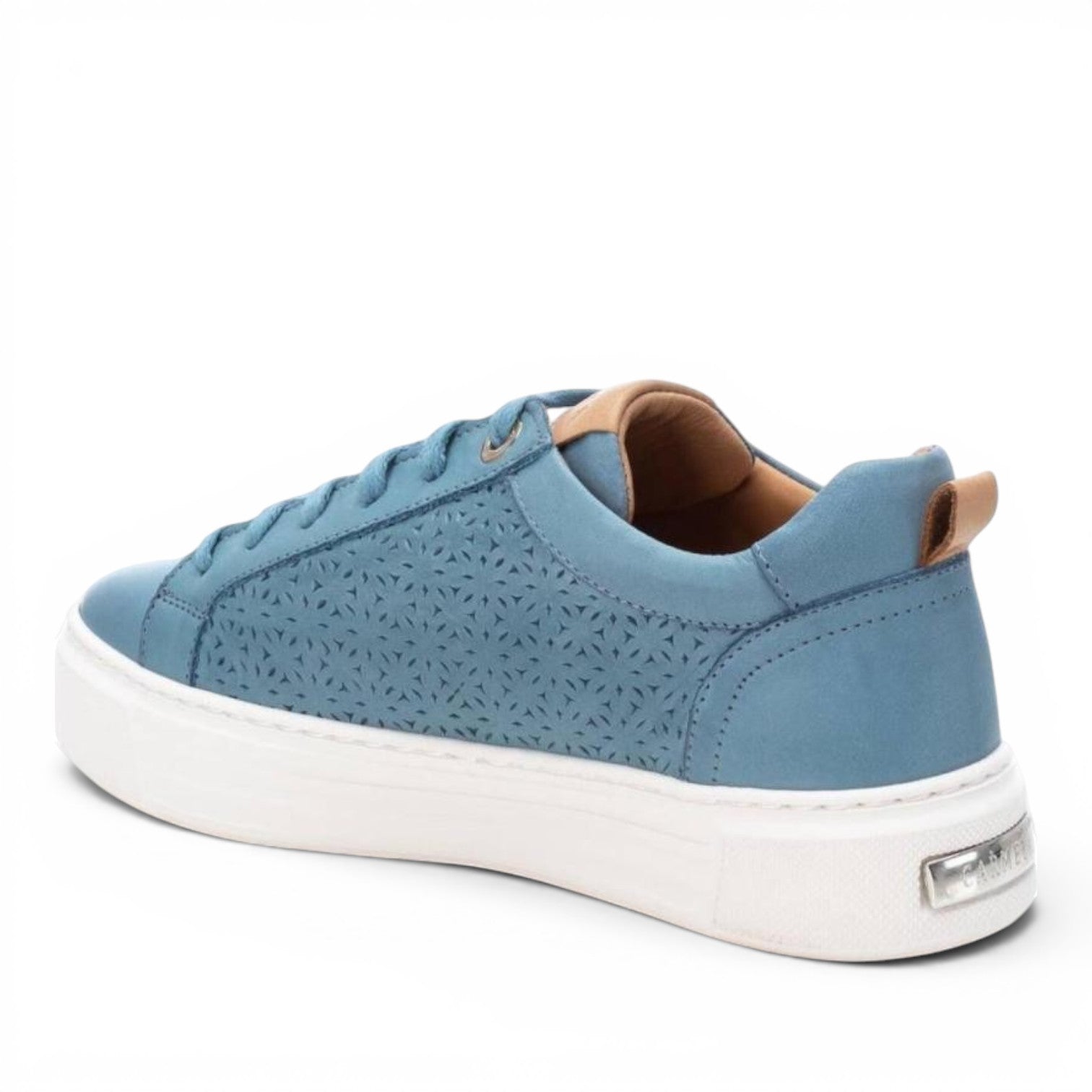 ShoeShop Carmela 160558 blue leather sneakers with laser-cut side panels and a thick white platform sole.