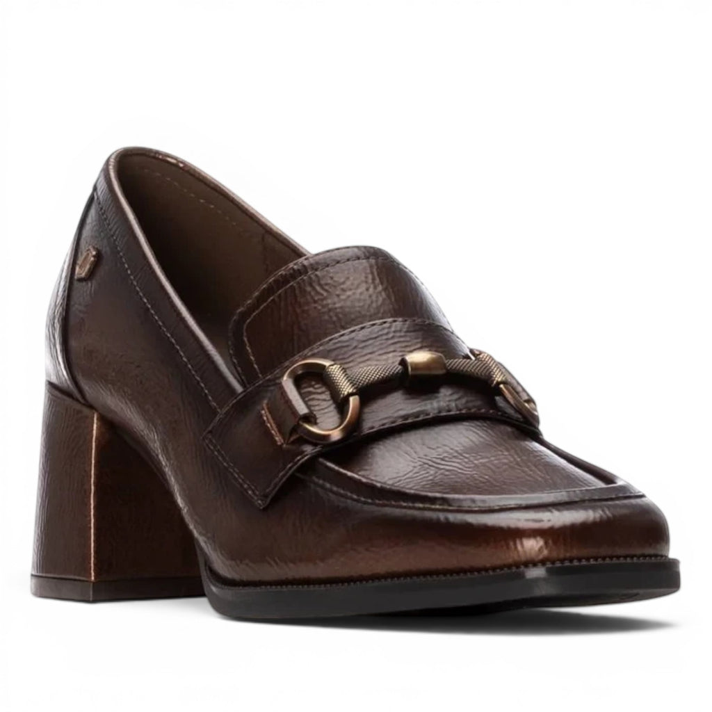 ShoeShop Carmela 162536 brown leather block heel loafers with metallic horsebit detail