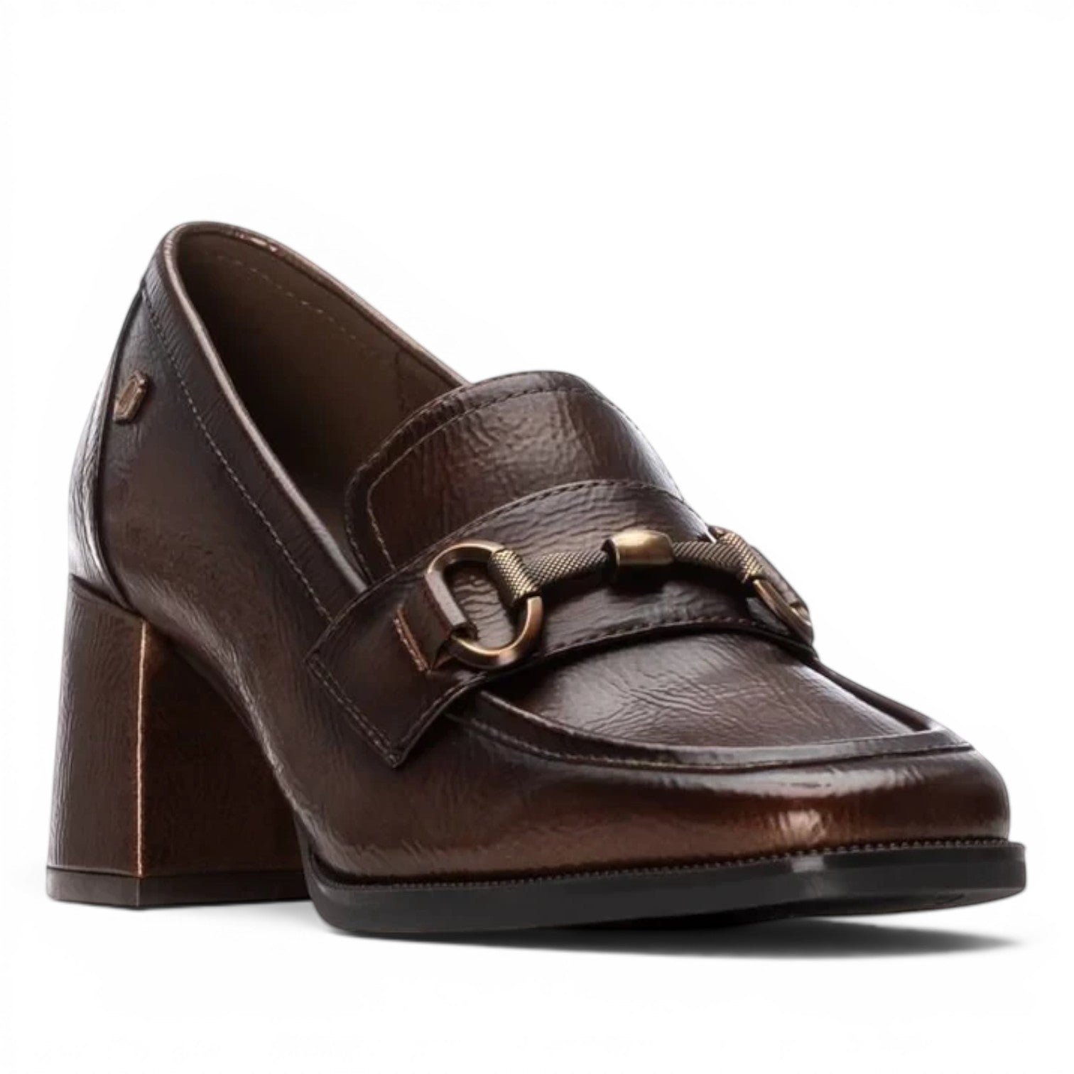ShoeShop Carmela 162536 brown leather block heel loafers with metallic horsebit detail
