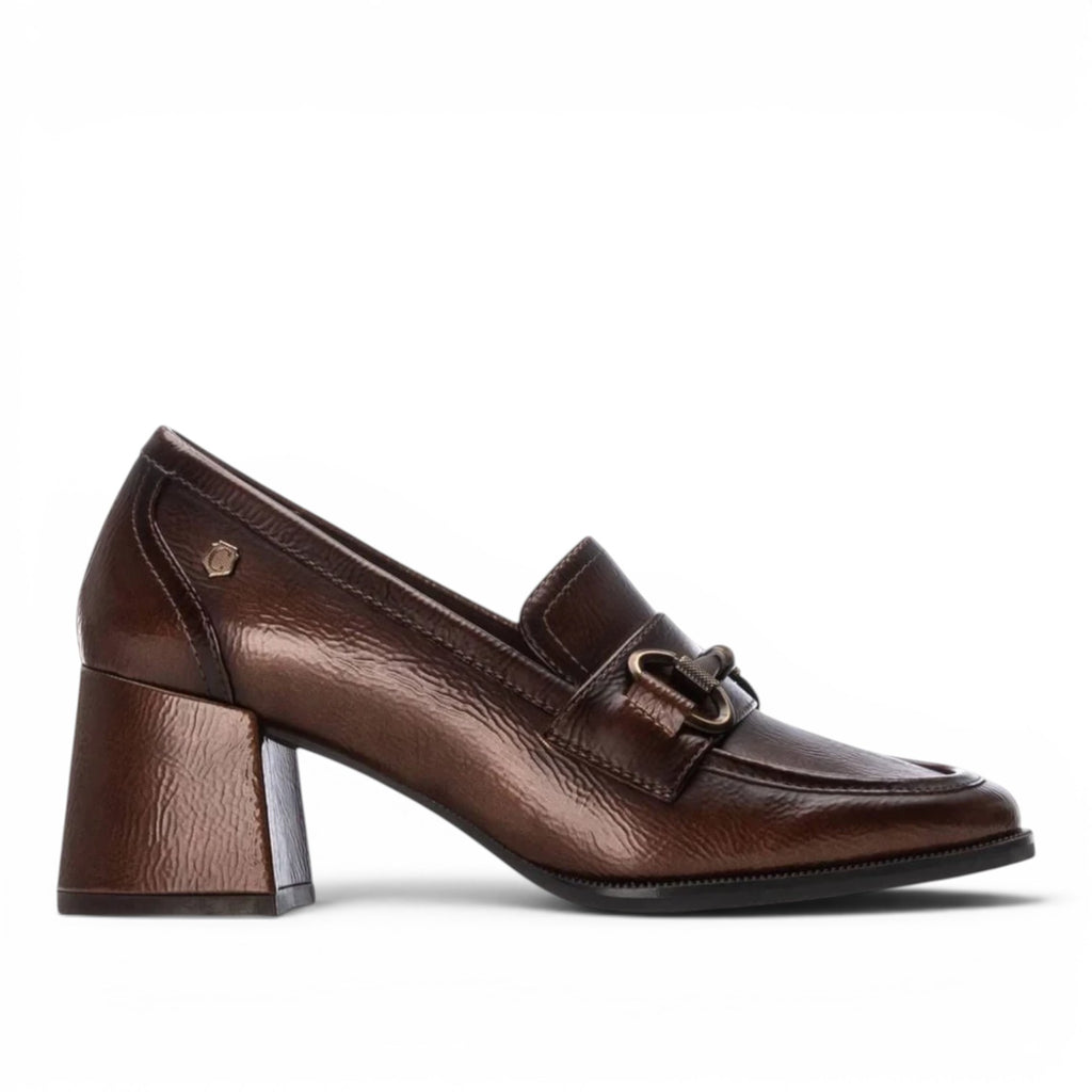 ShoeShop Carmela 162536 brown leather block heel loafers with metallic finish and decorative metal bit detail