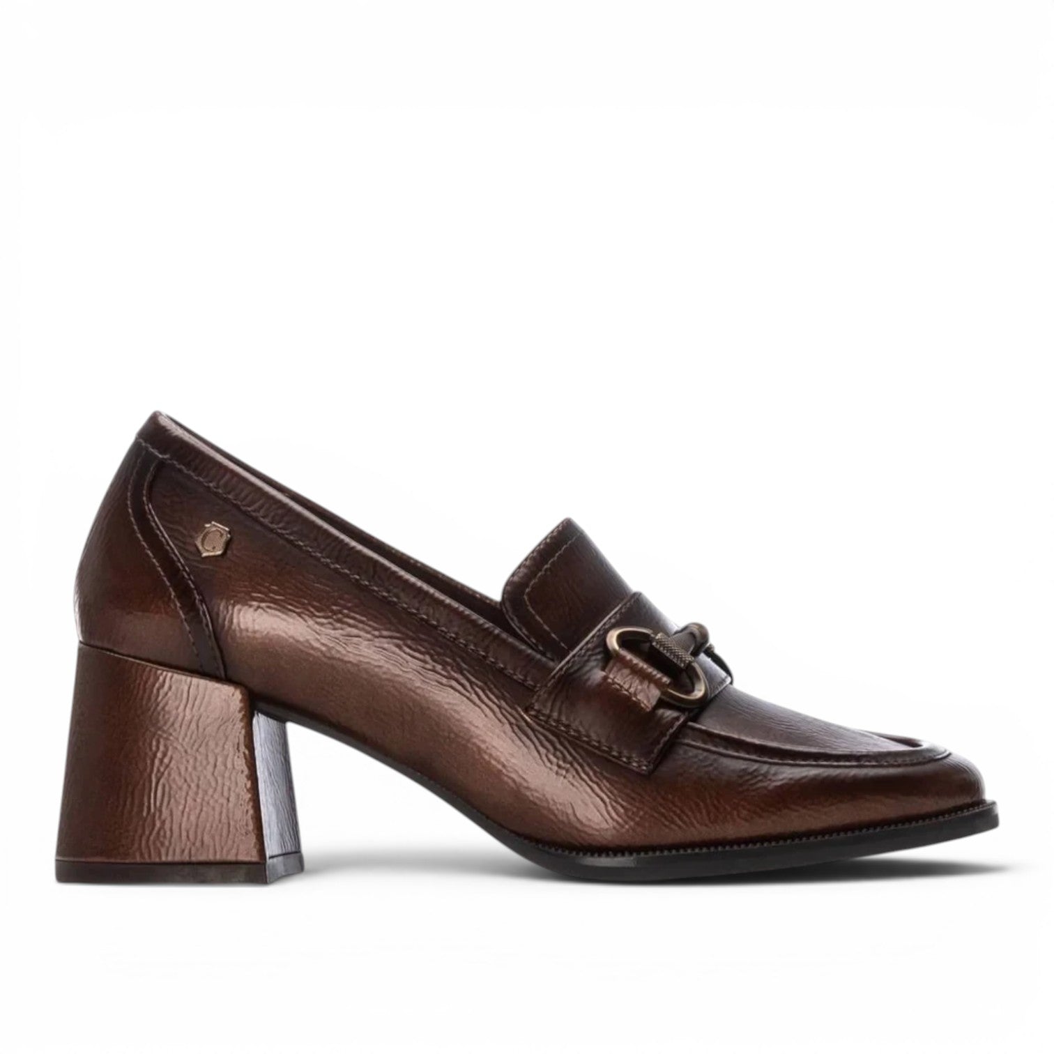 ShoeShop Carmela 162536 brown leather block heel loafers with metallic finish and decorative metal bit detail