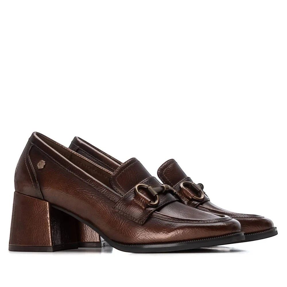 ShoeShop Carmela 162536 brown leather block heel loafers with metallic horsebit detail and textured finish