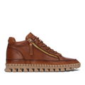 ShoeShop Carmela brown leather ankle boots with side zipper, lace-up closure, and chunky treaded rubber sole.