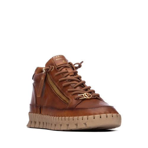 ShoeShop Carmela brown leather high-top sneakers with side zipper, lace-up closure, and thick textured rubber sole.