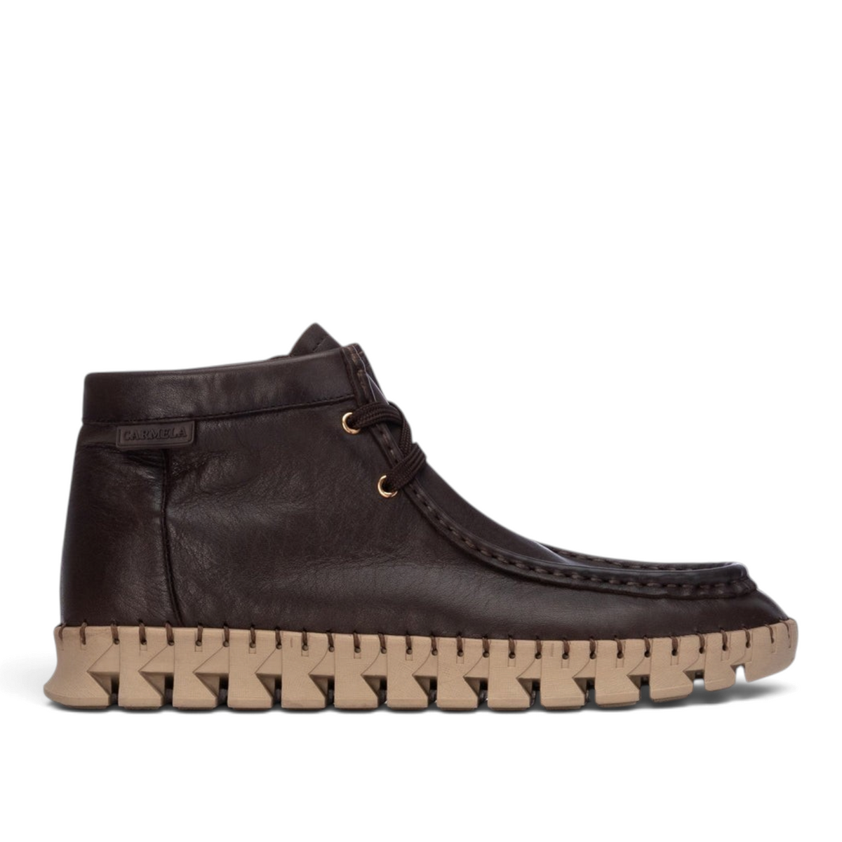 ShoeShop Carmela dark brown leather ankle boots with a distinctive beige serrated platform sole and lace-up closure