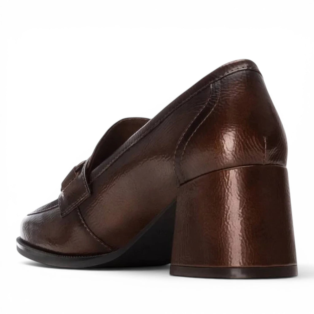 ShoeShop Carmela 162536 brown patent leather loafers with a block heel and classic penny loafer strap detail.