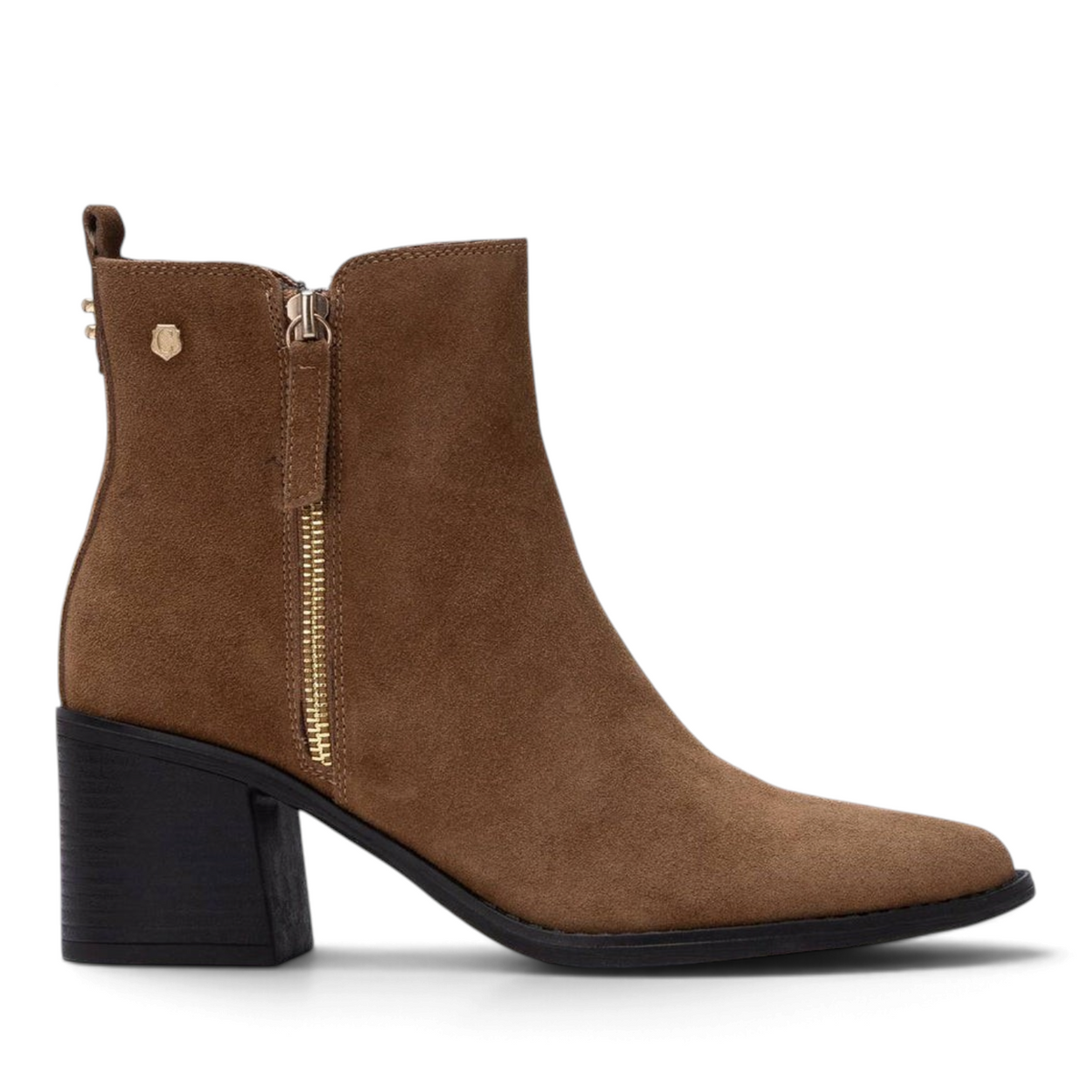 ShoeShop Carmela brown suede ankle boots with a side zipper, block heel, and pull tab for easy wear.