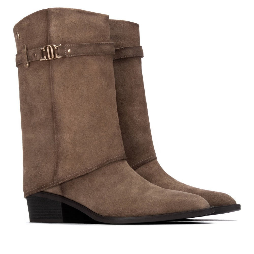 ShoeShop Carmela brown suede mid-calf boots with metallic buckle detail and a 5cm block heel