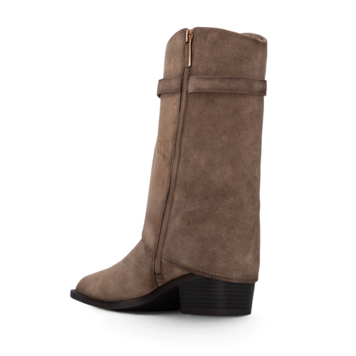 ShoeShop Carmela brown suede knee-high boots with side zipper and metallic strap detail on a 5cm block heel