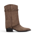 ShoeShop Carmela brown suede mid-calf boots with metallic buckle detail and a 5cm block heel