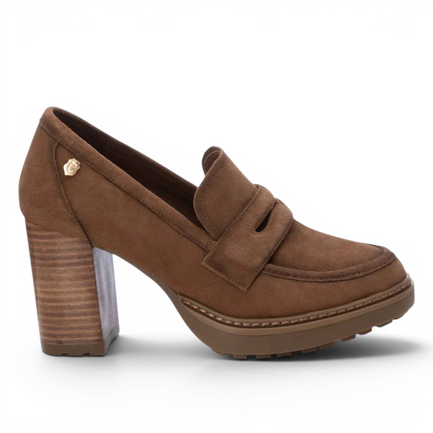 ShoeShop Carmela 161137 brown suede heeled loafers with a chunky platform sole and gold logo detail.