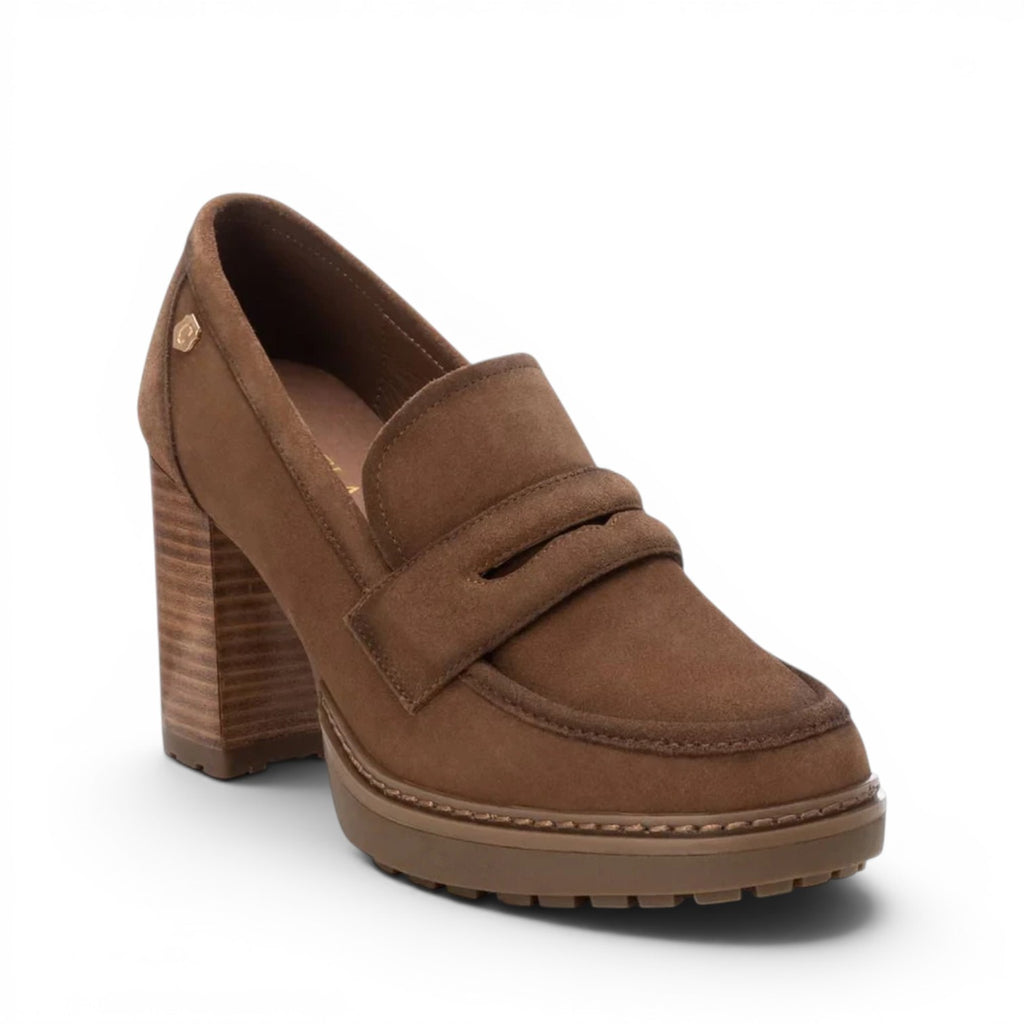 ShoeShop Carmela 161137 brown suede platform loafers with a chunky block heel and lug sole.