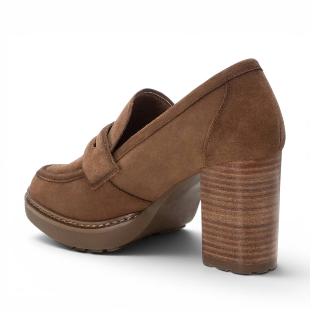 ShoeShop Carmela 161137 brown suede platform loafers with a chunky block heel and stitched detailing