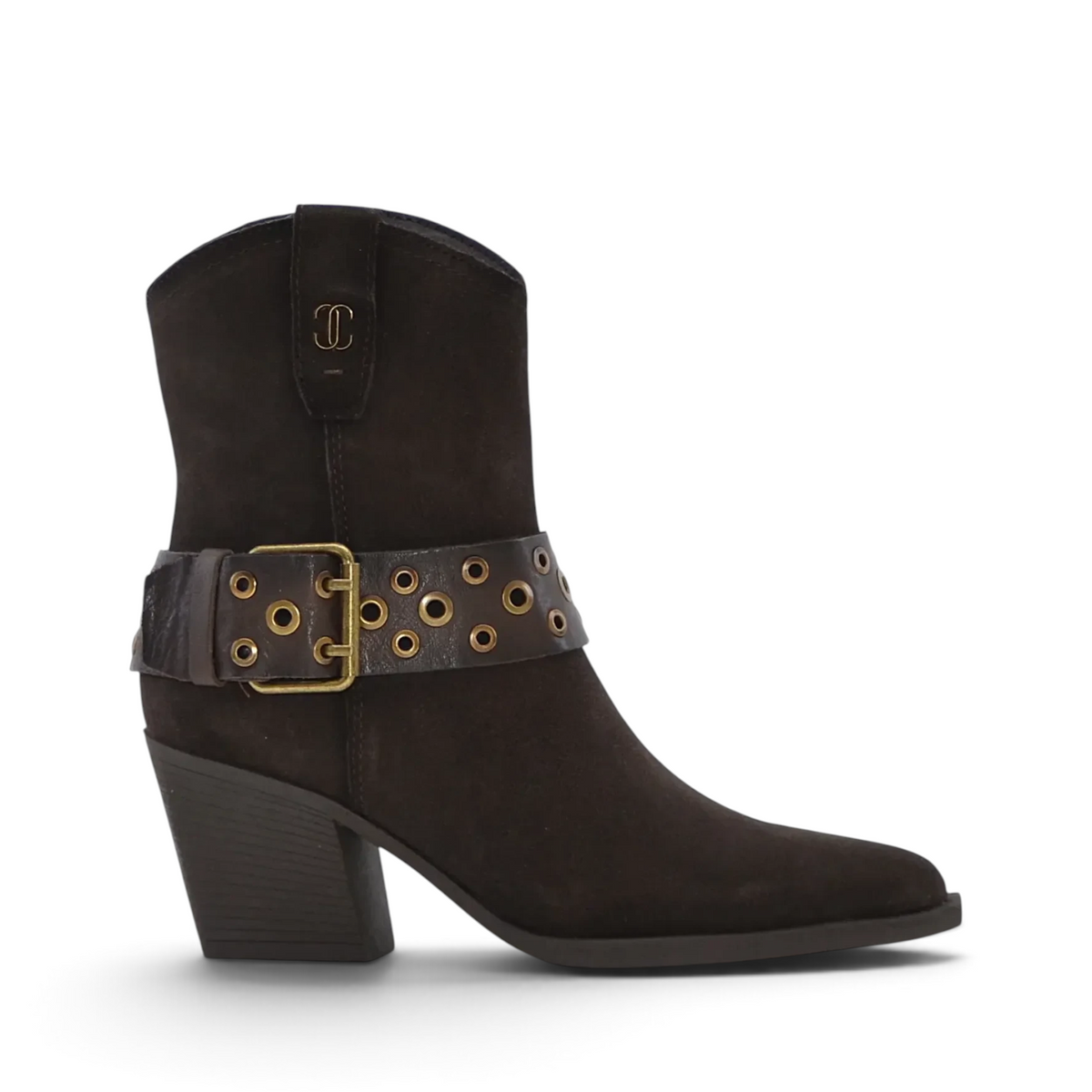 ShoeShop Carmela 164132 dark brown suede western ankle boots with a buckled strap and gold-tone eyelet details.
