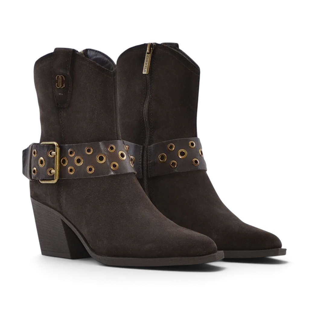 ShoeShop Carmela 164132 dark brown suede western-style ankle boots with gold eyelet strap and 7cm block heel