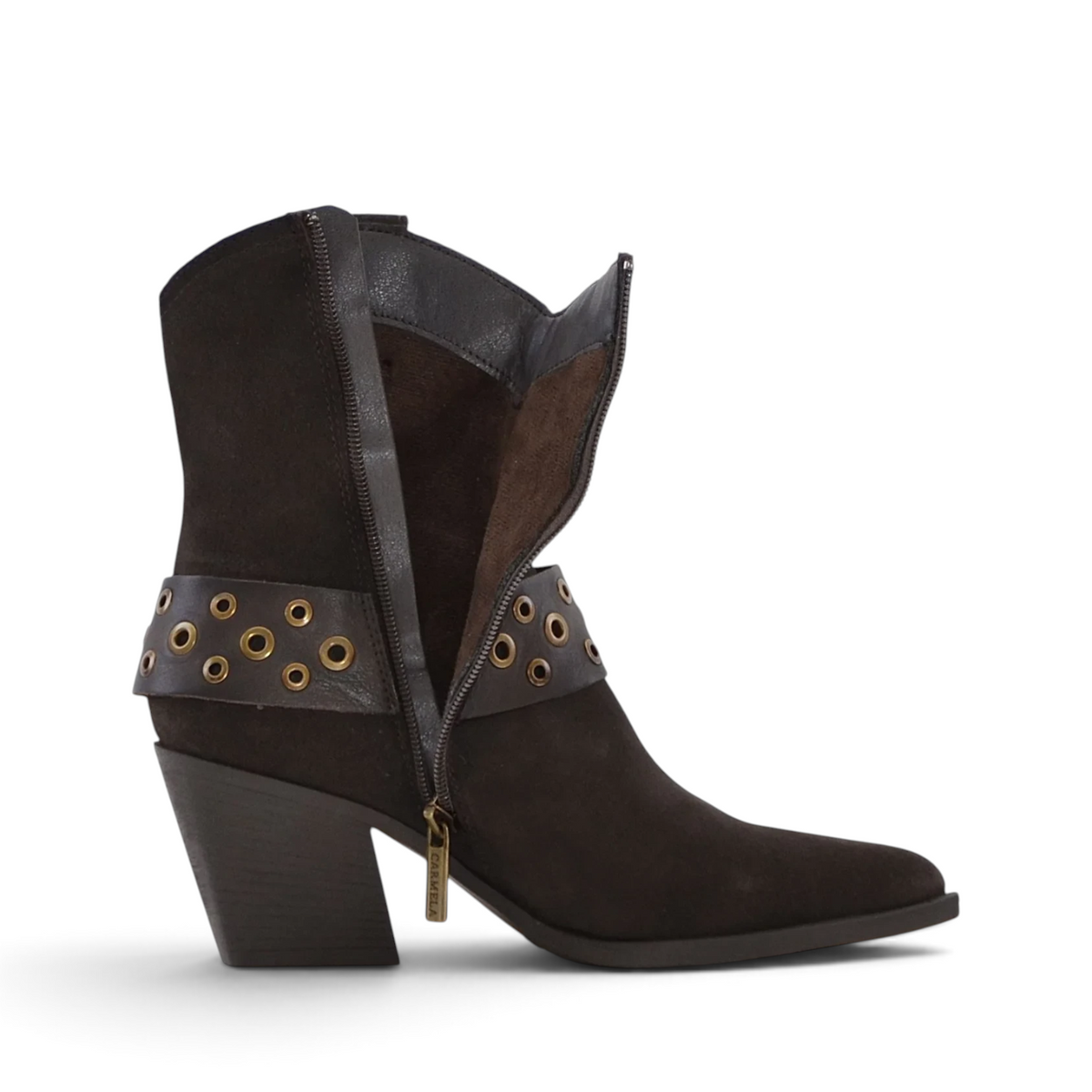 ShoeShop Carmela 164132 dark brown suede western-style ankle boots with gold eyelet strap and 7cm block heel