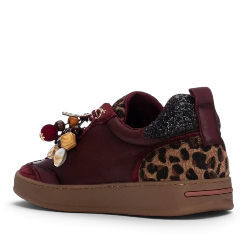 ShoeShop Carmela 164152 burgundy leather sneaker with leopard print heel, glitter detail, and decorative charms