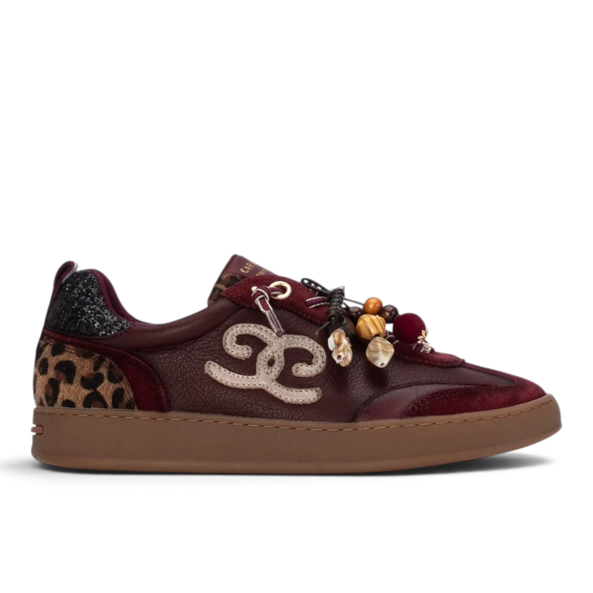 ShoeShop Carmela 164152 burgundy leather sneakers with leopard print heel, velvet details, and decorative beads