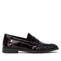 ShoeShop Carmela 164357 dark burgundy patent leather loafers with a decorative front detail and durable rubber sole.