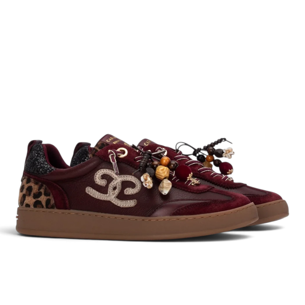 ShoeShop Carmela 164152 burgundy velvet sneakers with leopard print heel detail and decorative beaded charms