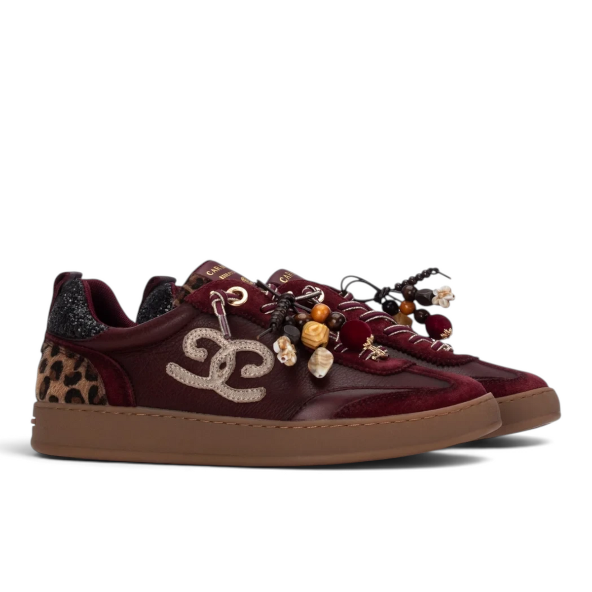ShoeShop Carmela 164152 burgundy velvet sneakers with leopard print heel detail and decorative beaded charms