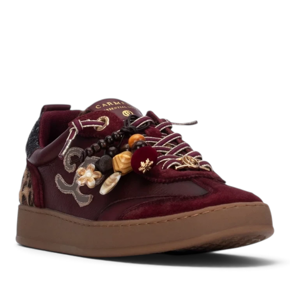 ShoeShop Carmela 164152 burgundy velvet sneakers with leopard print heel detail and decorative beaded charms