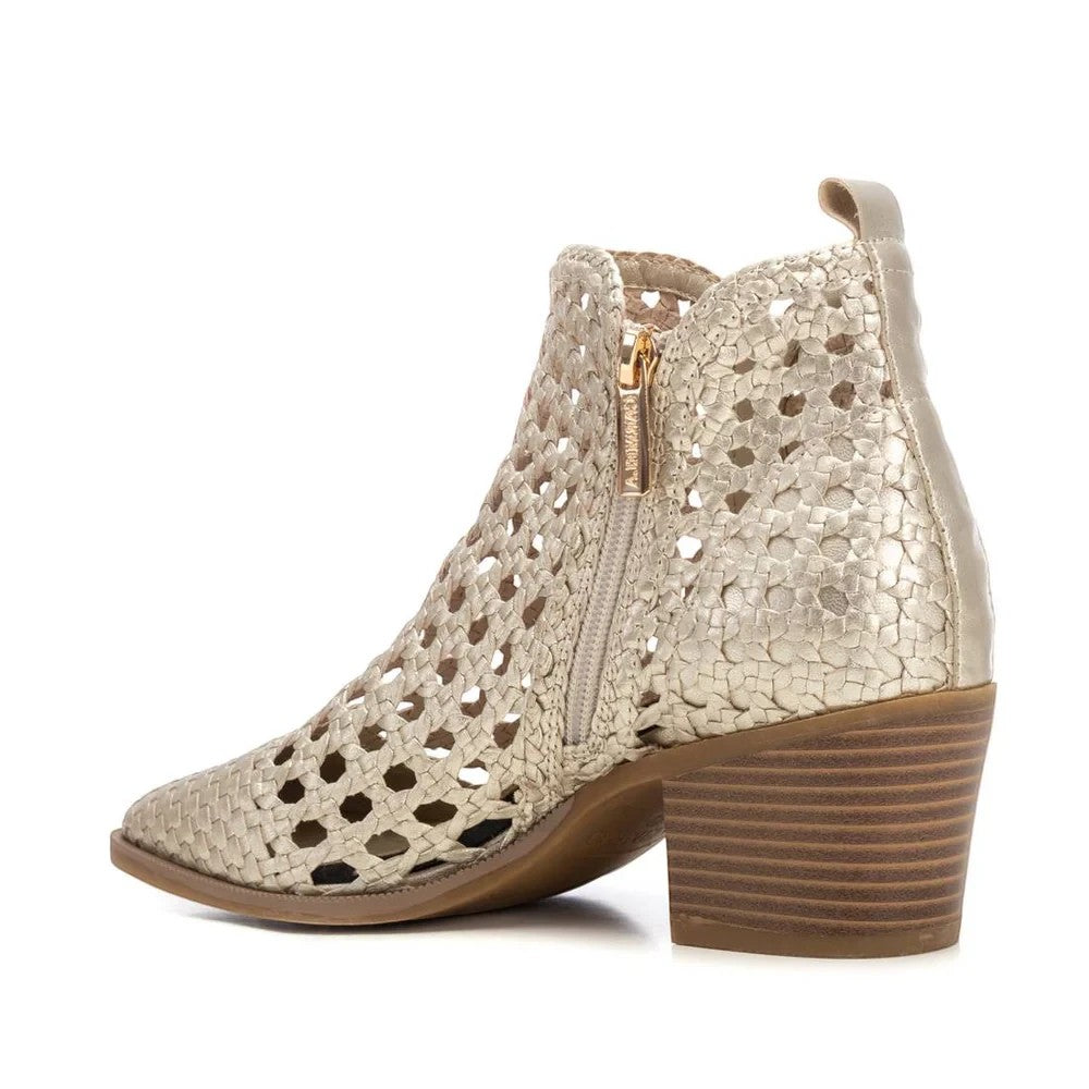 ShoeShop Carmela 162344 gold metallic woven leather ankle boots with side zip and stacked block heel