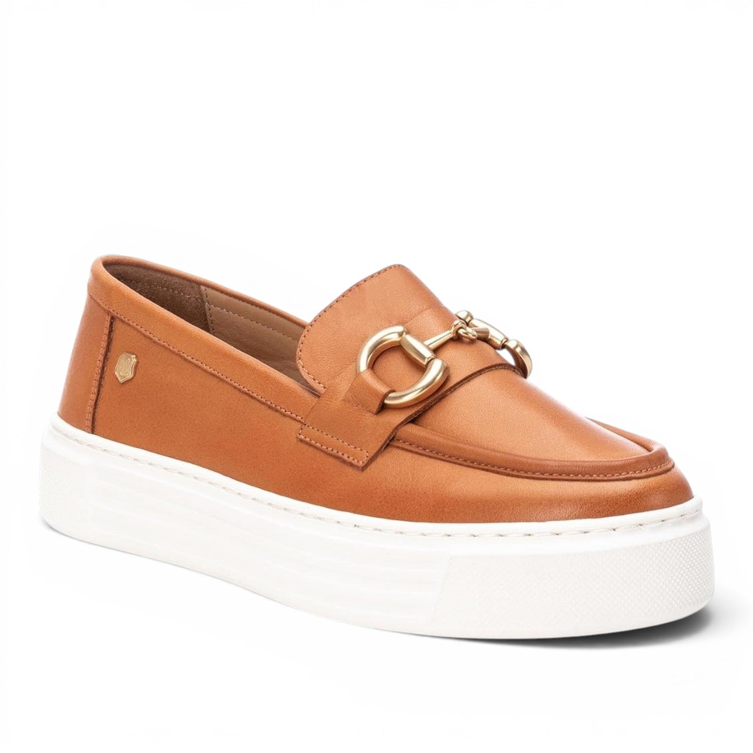 ShoeShop Carmela 161319 tan leather loafers with gold horsebit detail and a chunky white platform sole.