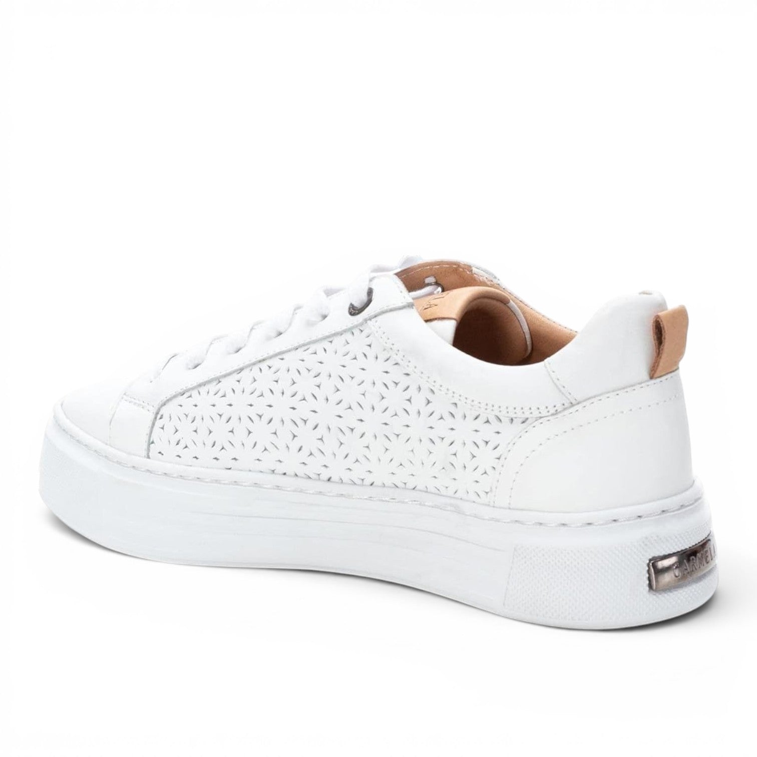 ShoeShop Carmela 160558 white leather platform sneakers with laser-cut floral pattern and tan leather accents.