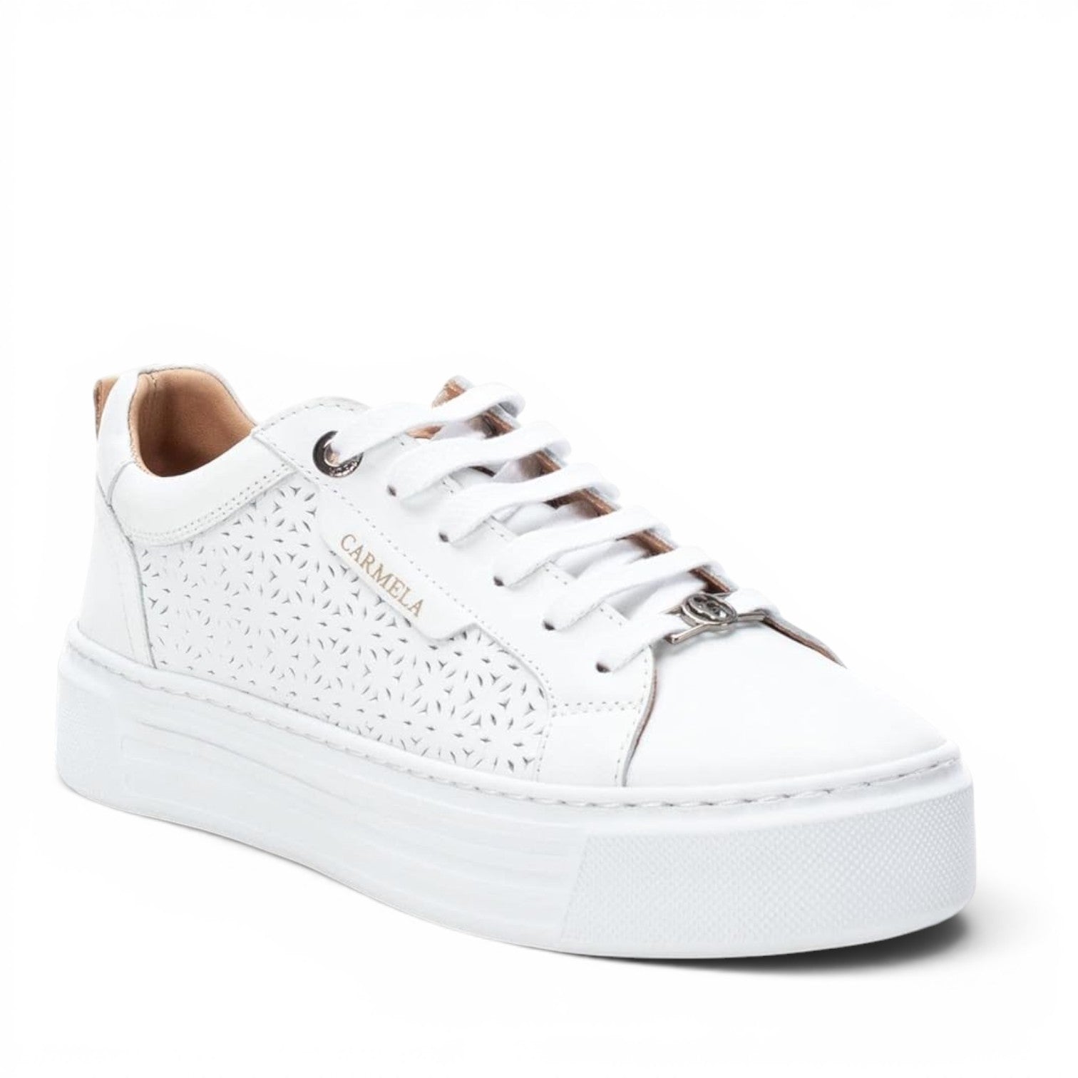 ShoeShop Carmela 160558 white leather platform sneakers with laser-cut geometric side panels and lace-up closure.